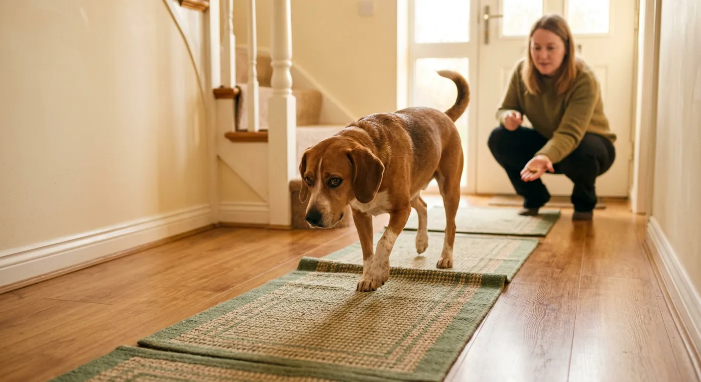 Hond loopt voorzichtig over antislipkleden op een gladde laminaatvloer naar het baasje dat met een snoepje wacht bij de trap