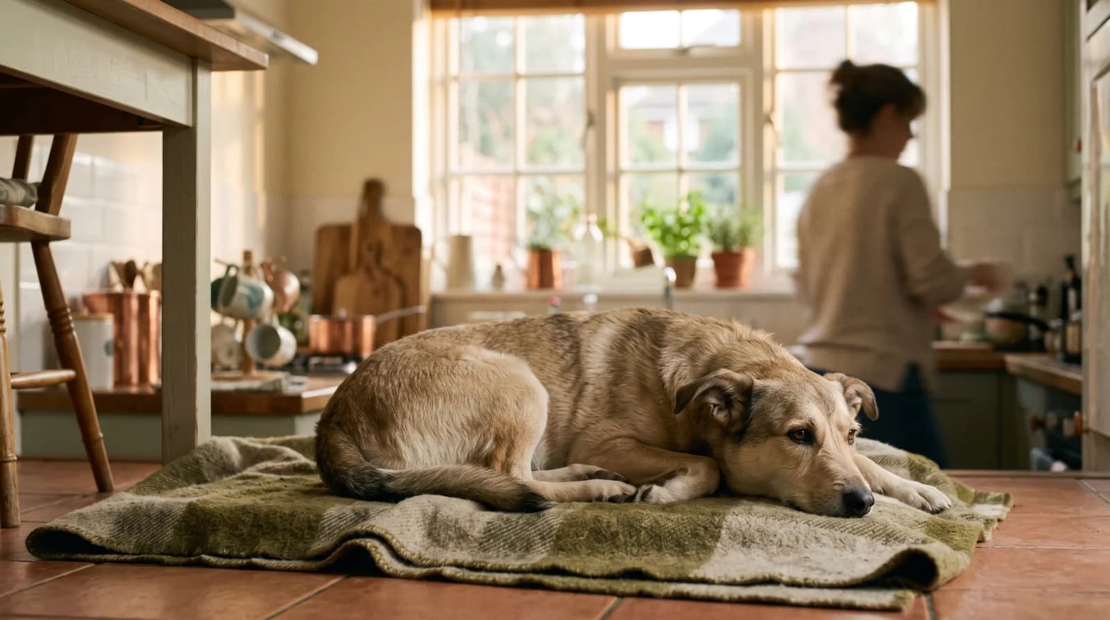 Hond ligt kalm op een dekentje in de keuken terwijl het dagelijks leven om hem heen doorgaat