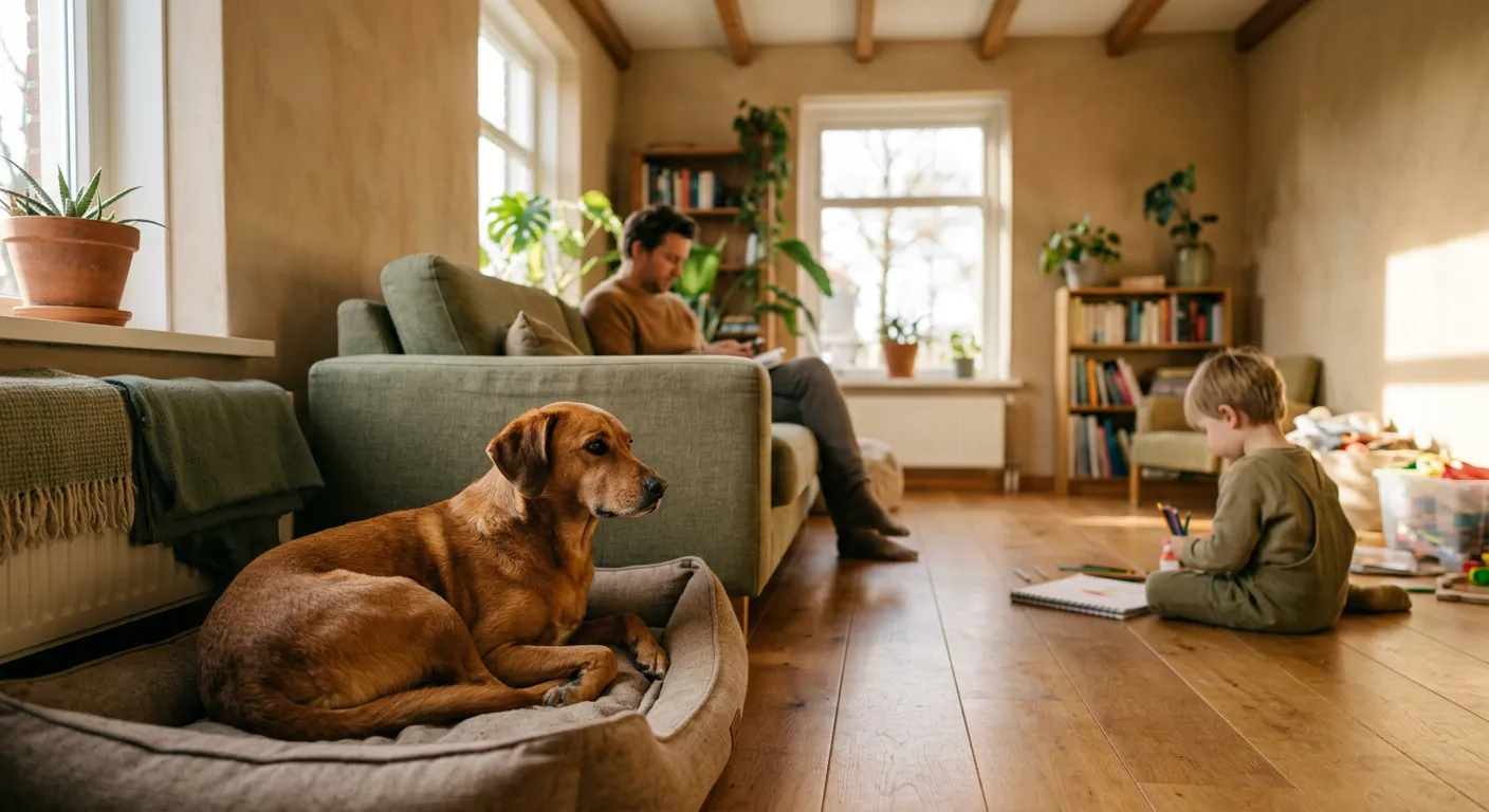 Hond ligt rustig in zijn mand en kijkt op afstand naar een kind dat verderop in de woonkamer op de grond zit te tekenen