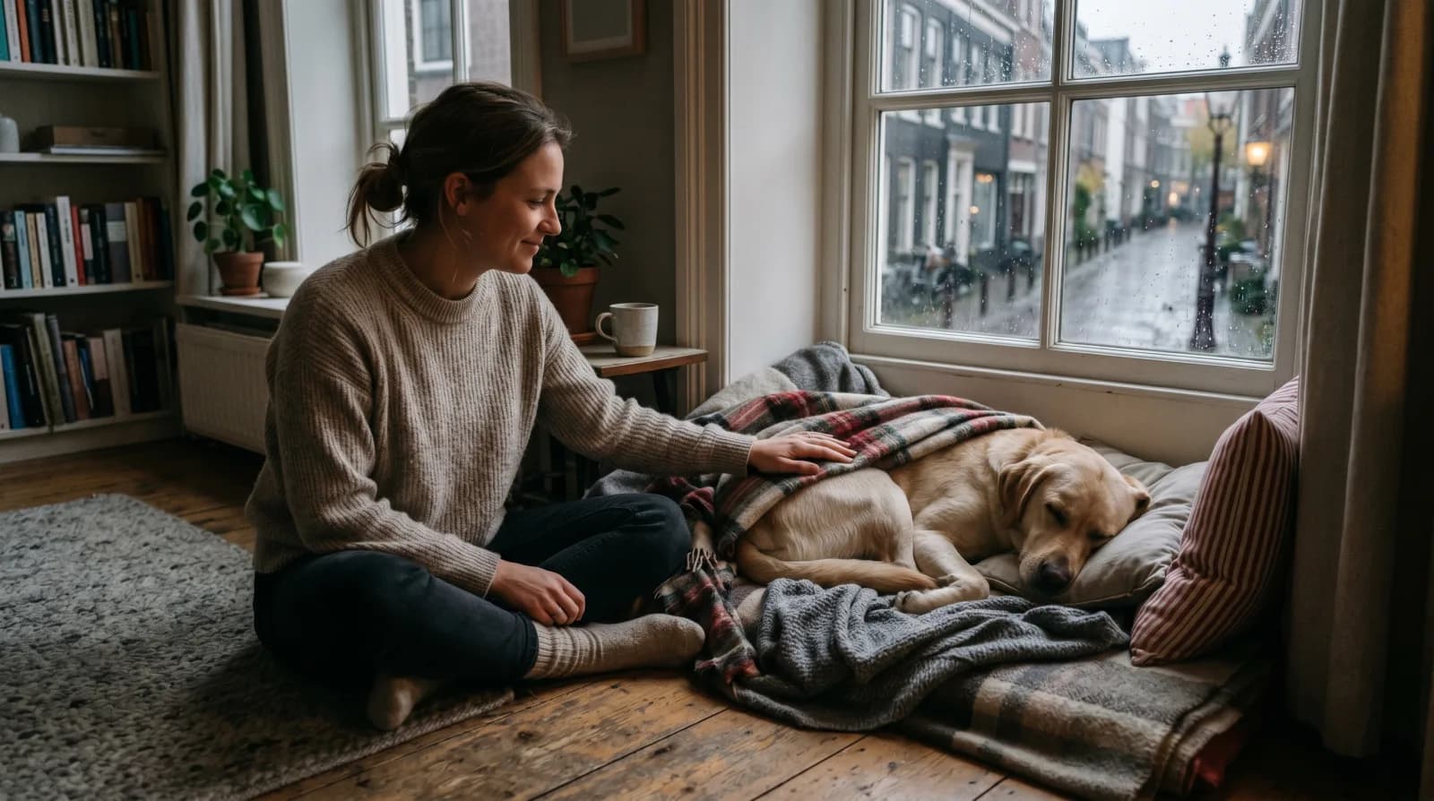 Hond ligt rustig tegen zijn baasje aan op de bank terwijl het buiten regent en schemert