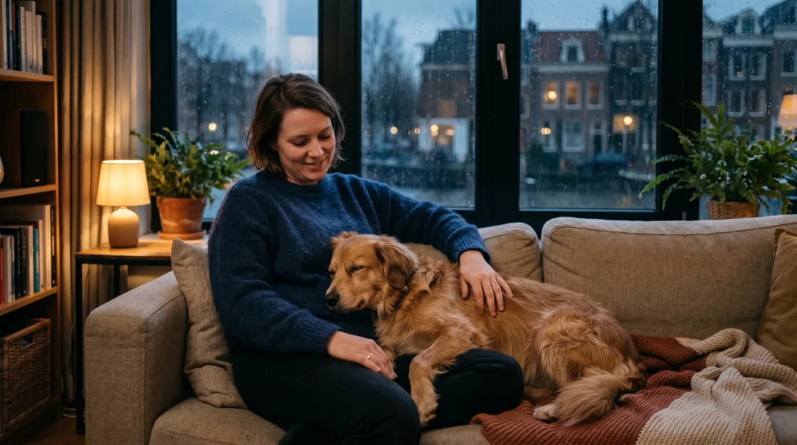 Hond ligt veilig weggekropen in een donker hol tijdens onweer