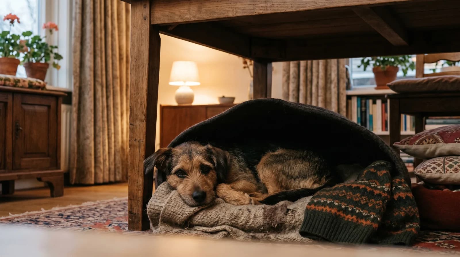 Hond ligt rustig in een knus hol onder de tafel terwijl het buiten schemert tijdens oud en nieuw