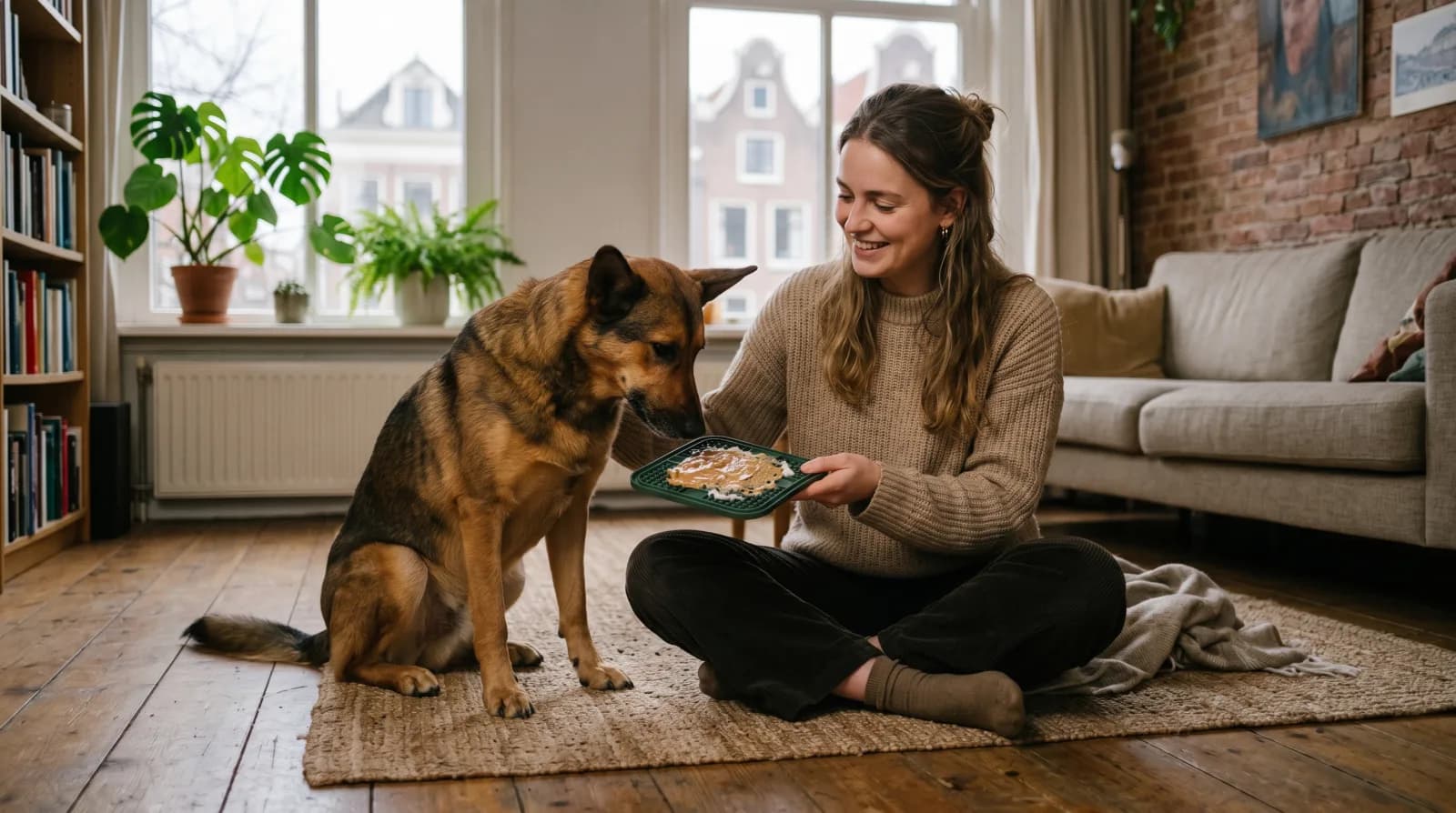 Baasje zit rustig naast de hond op de grond en geeft hem een gevulde likmat in een warm verlichte huiskamer