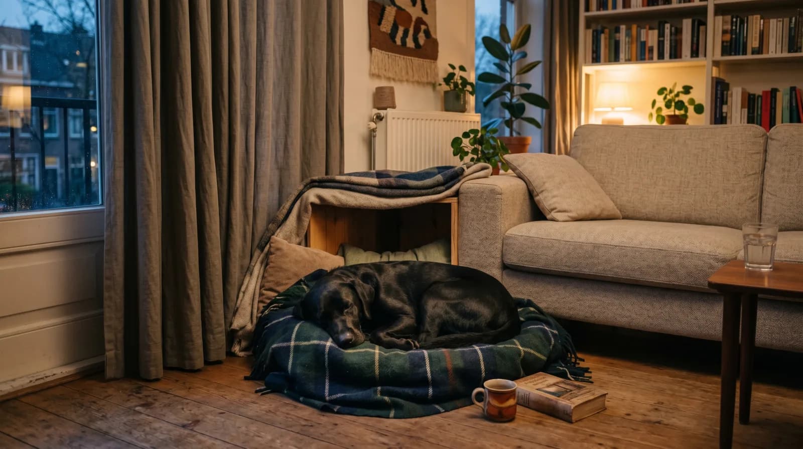 Hond ligt rustig in een afgedekt hol terwijl het buiten al begint te schemeren tijdens oudejaarsavond