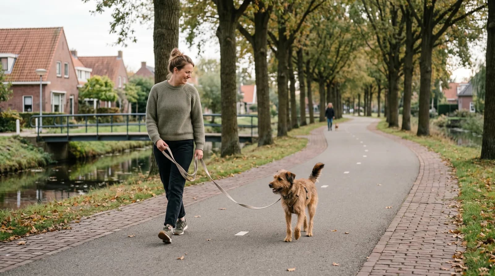 Vrouw loopt rustig met haar hond aan een losse lijn over een Nederlands fietspad terwijl in de verte een andere hond passeert