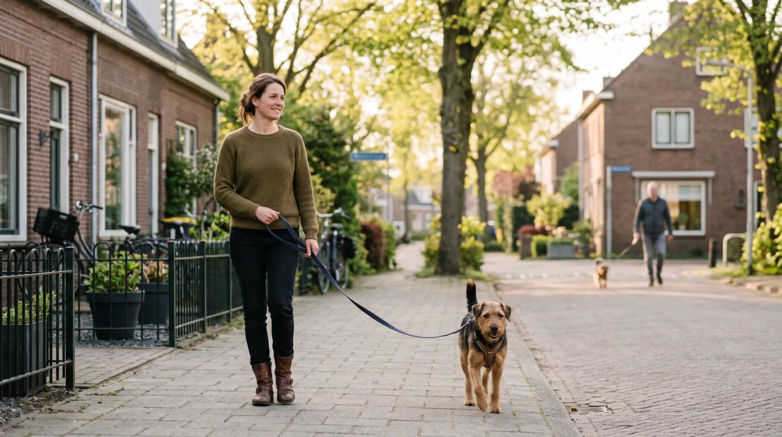 Vrouw houdt afstand met haar hond aan een losse lijn terwijl in de verte een andere hond loopt, allebei rustig