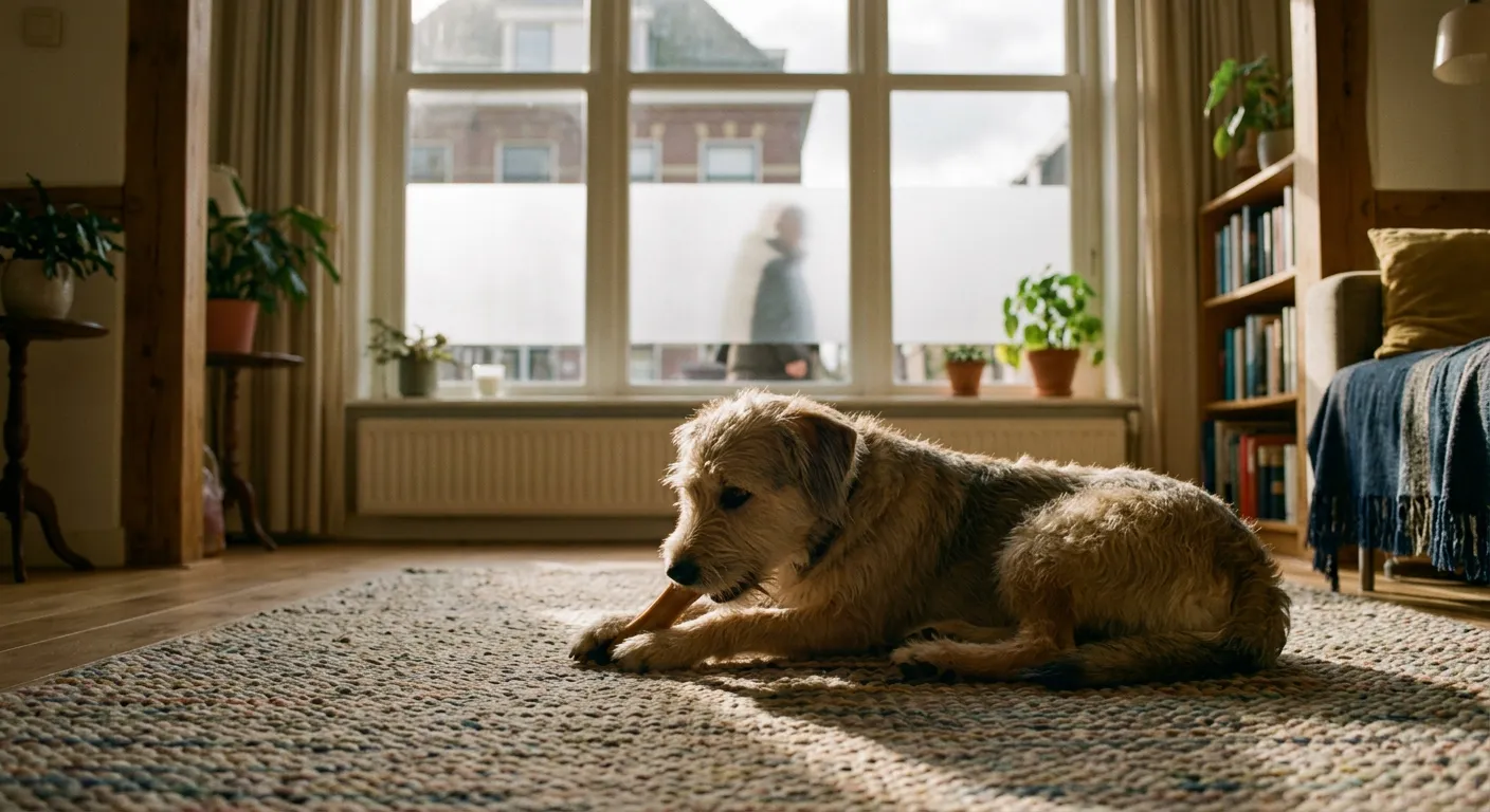 Hond ligt ontspannen te kauwen op het kleed terwijl buiten achter matglasfolie op het raam een voorbijganger langsloopt