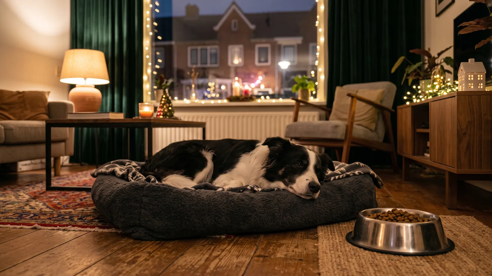 Hond ligt rustig naast een volle voerbak in een schemerige huiskamer tijdens oud en nieuw