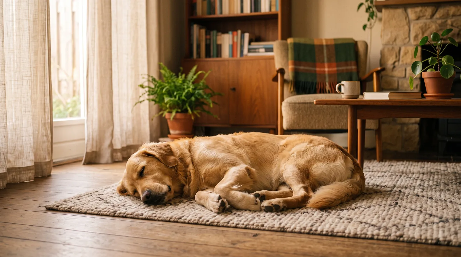 Hond ligt ontspannen opgekruld op een kleed in een rustige, huiselijke woonkamer