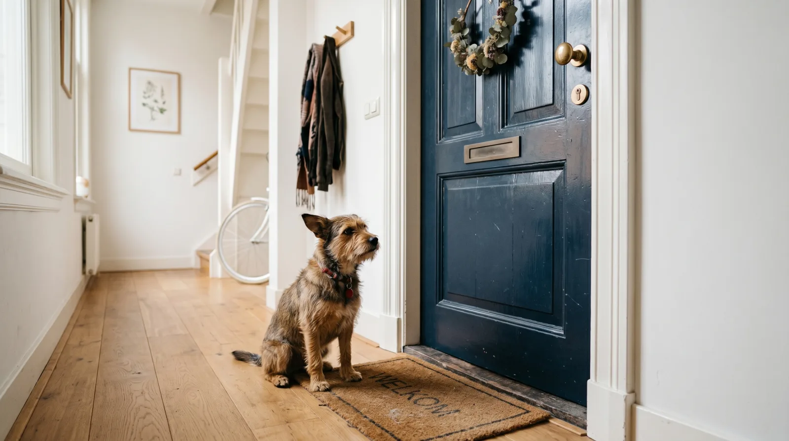 Hond ligt onrustig bij de voordeur in een licht Nederlands appartement terwijl het baasje net weg is