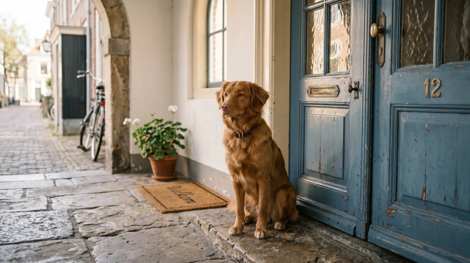 Hond zit onrustig bij de voordeur in een licht appartement net nadat het baasje is vertrokken