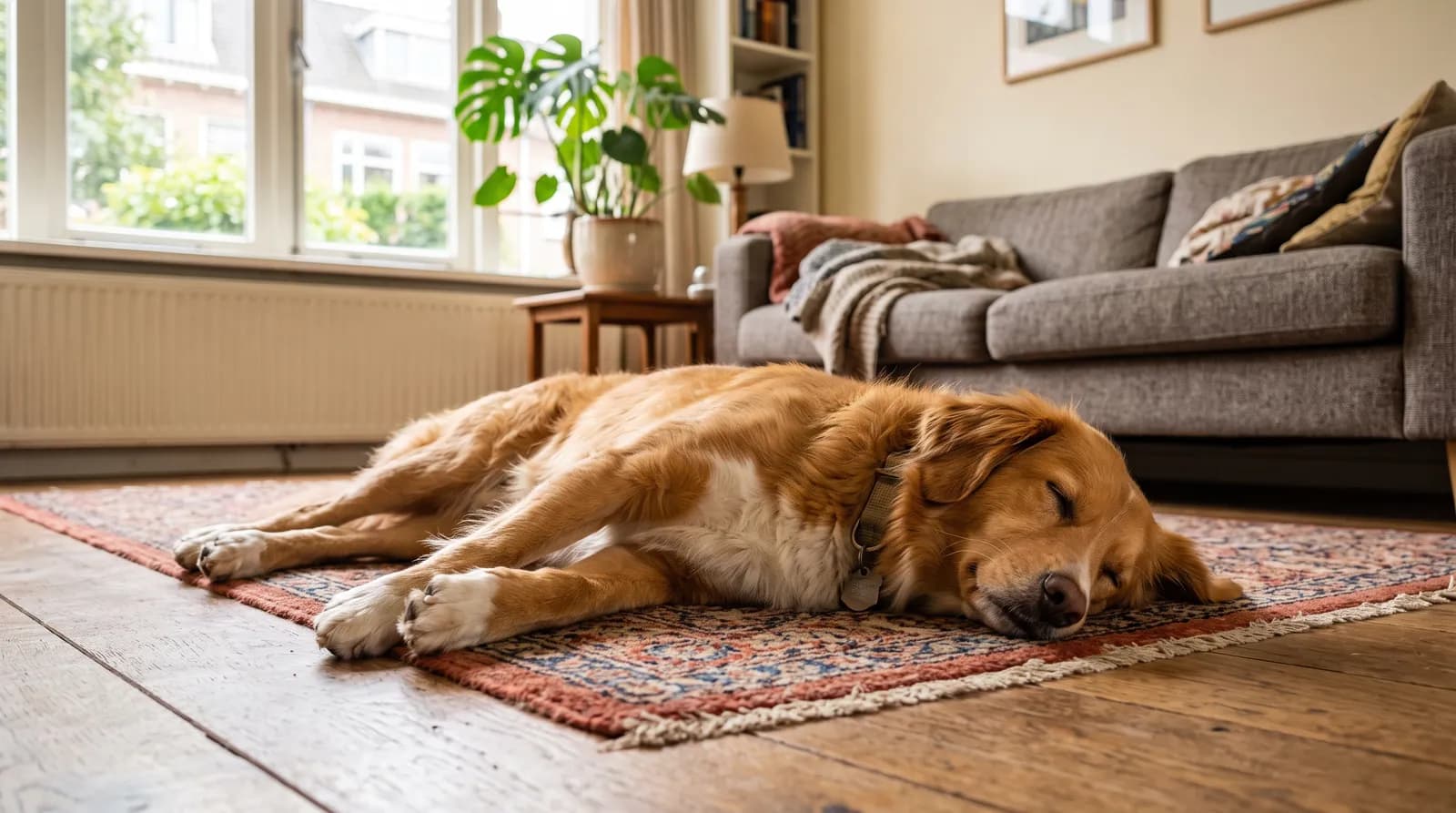 Hond ligt volledig ontspannen op zijn zij te slapen op een kleed in een rustige woonkamer