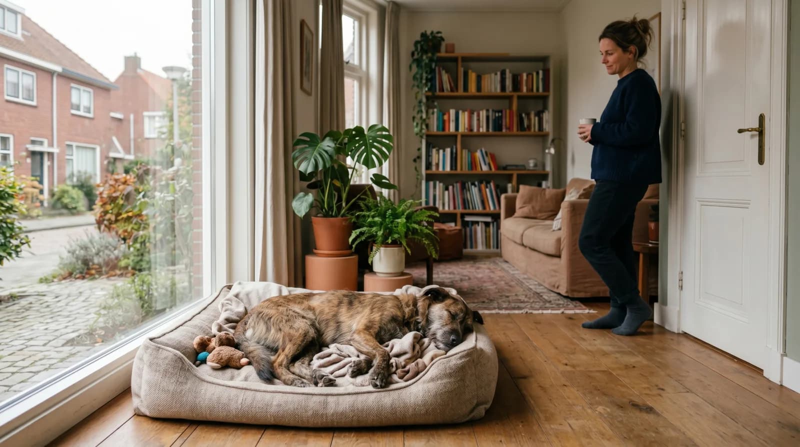 Hond ligt ontspannen op een mand in een lichte woonkamer terwijl het baasje rustig bij de deur staat