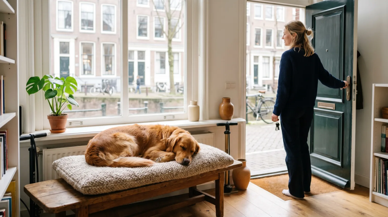Hond ligt rustig op een kussen in een lichte woonkamer terwijl het baasje bij de voordeur staat