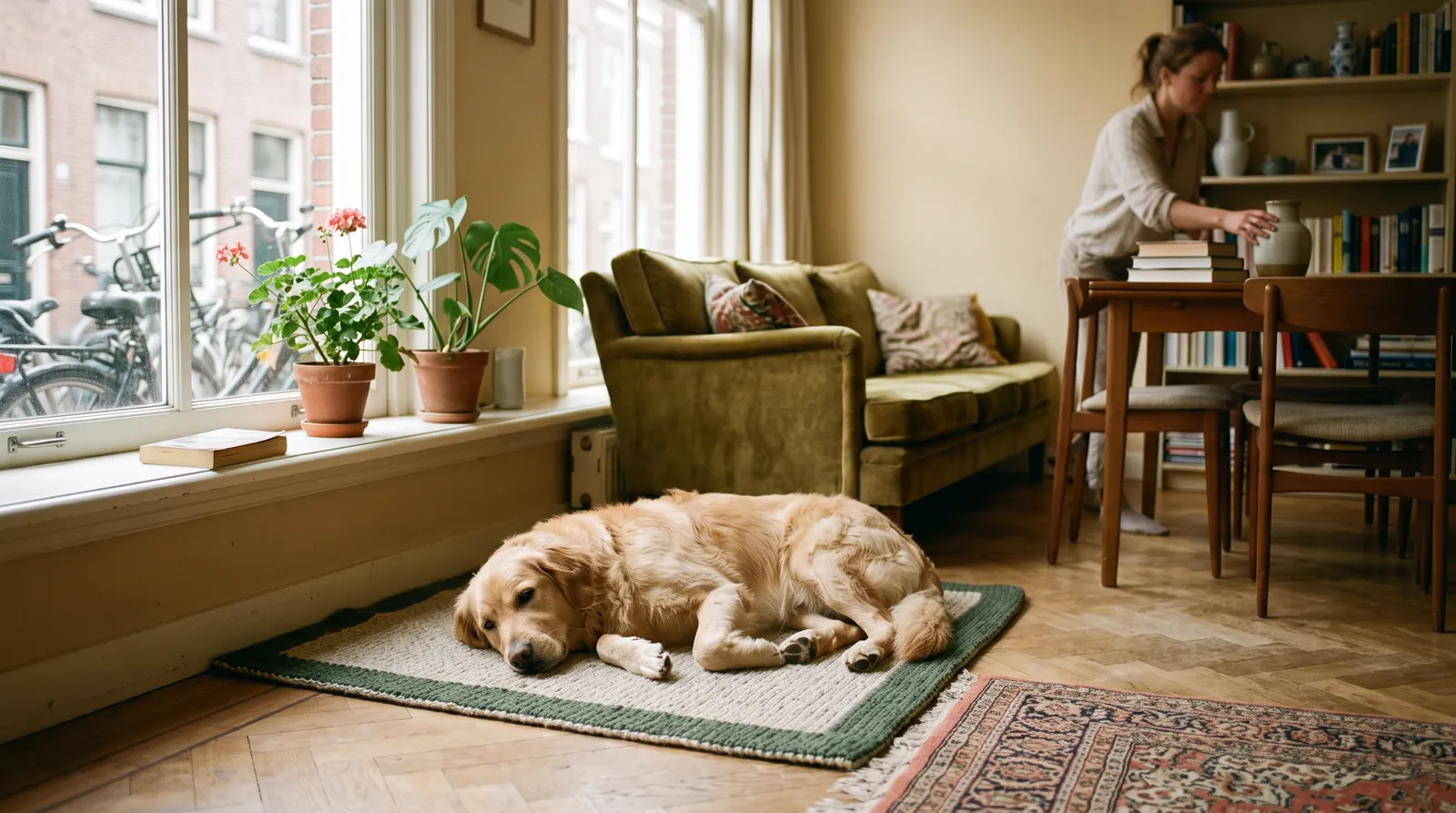 Hond ligt volledig ontspannen op een matje in de woonkamer terwijl er rustig huishoudelijk leven doorgaat