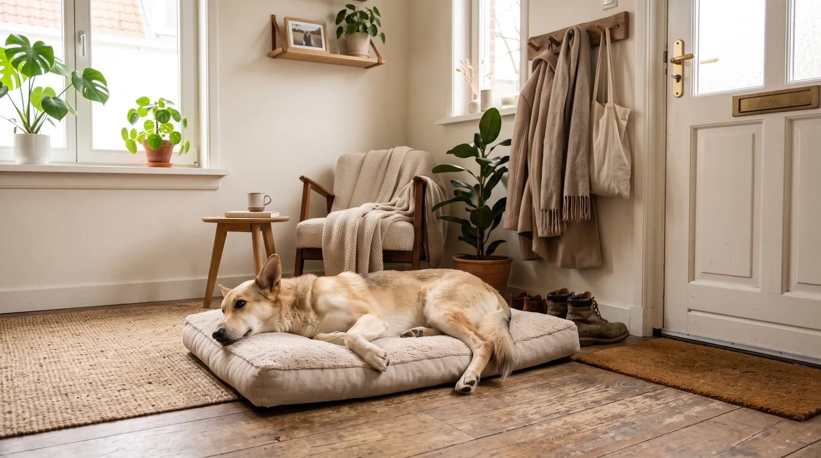 Hond ligt rustig op een kussen bij de voordeur in een lichte Nederlandse woonkamer