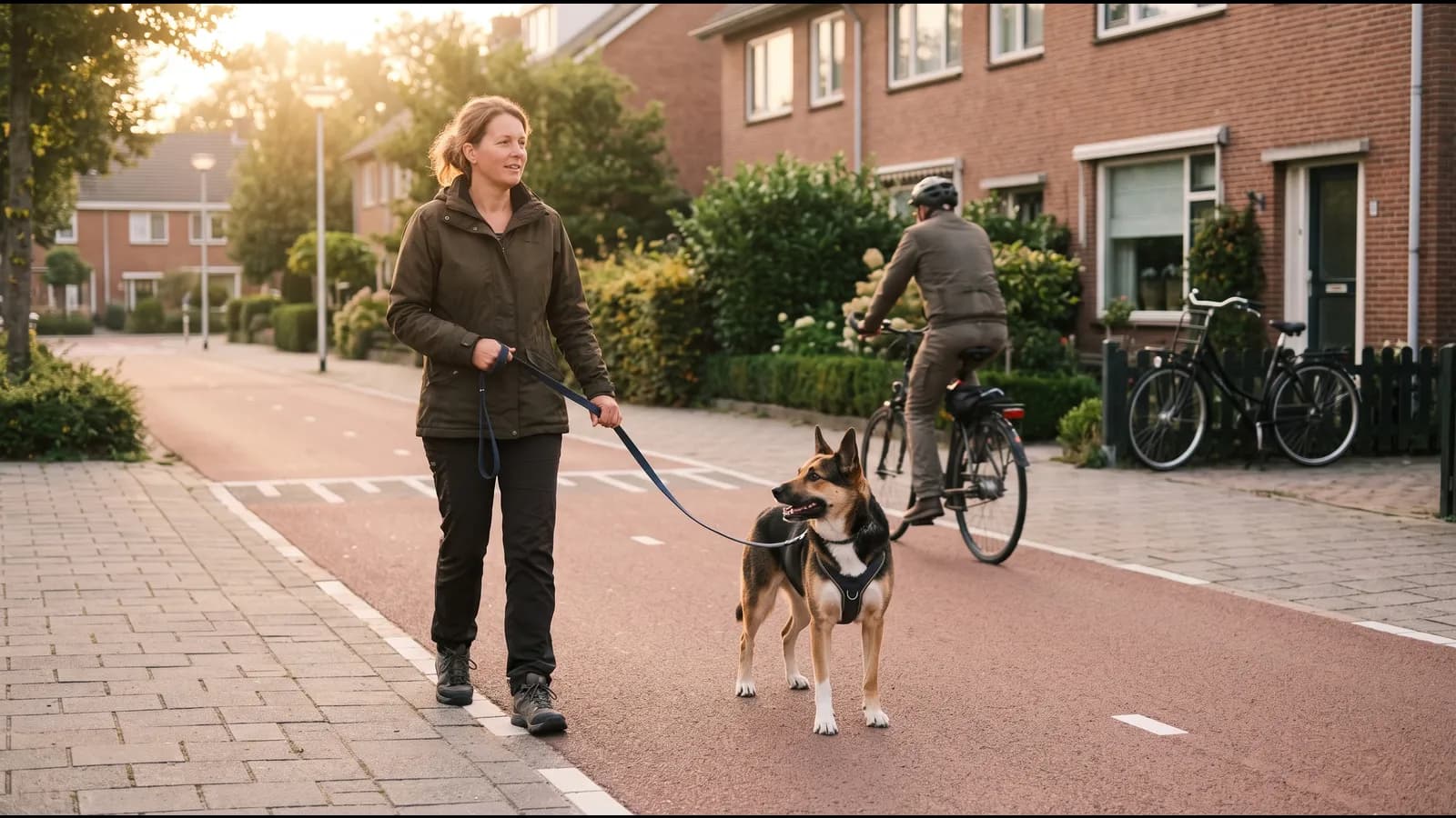 Vrouw loopt rustig met haar hond aan een korte lijn langs een fietspad terwijl op de achtergrond een fietser passeert