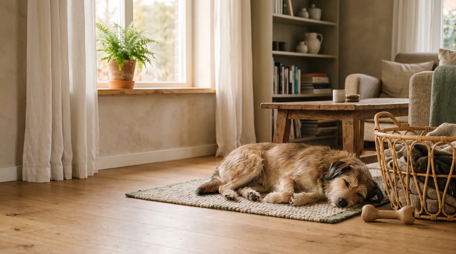 Hond ligt rustig te slapen op een matje in een lichte woonkamer naast een mand met een kauwbot