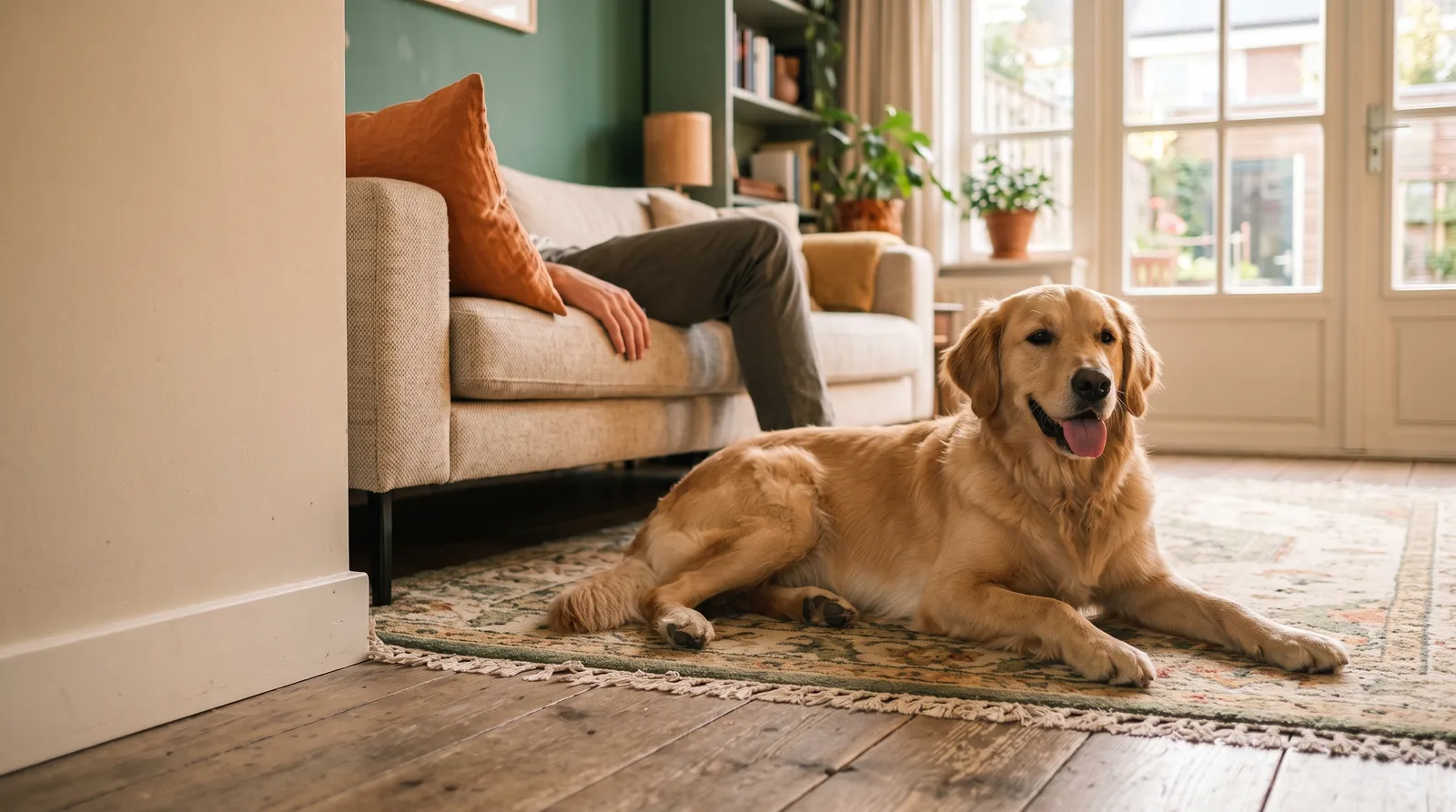 Hond ligt ontspannen op een kleed in een rustige woonkamer terwijl het baasje rustig naast hem zit