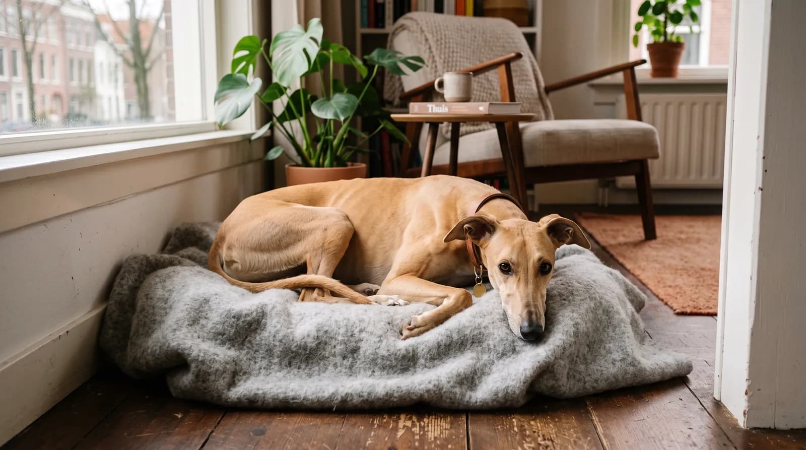 Slanke Spaanse hond, galgo-type, ligt voorzichtig maar rustig op een dekentje in een hoek van een warme Nederlandse woonkamer bij het raam