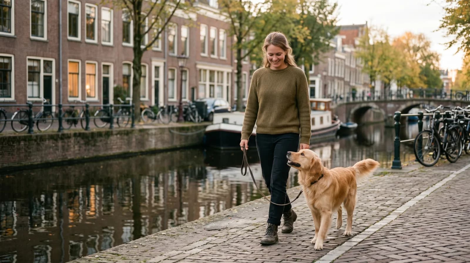 Vrouw loopt rustig met haar hond aan een losse lijn langs een gracht, allebei ontspannen