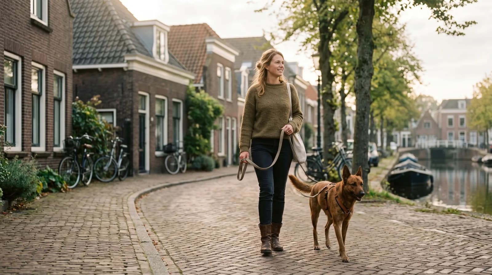 Vrouw houdt haar hond rustig aan een losse lijn op een Nederlands straatje, allebei ontspannen