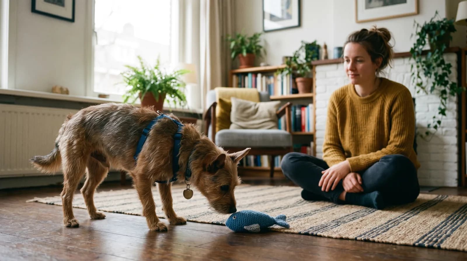 Een onzekere hond snuffelt voorzichtig aan een nieuw voorwerp op de woonkamervloer terwijl zijn baasje rustig toekijkt