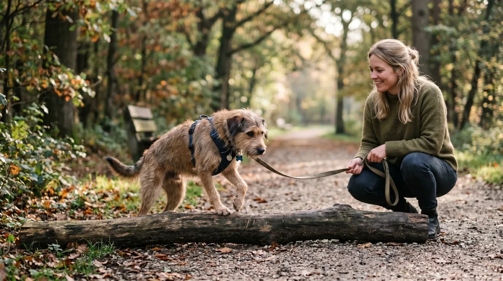 Een onzekere hond stapt voorzichtig over een laag boomstammetje in het park, zijn baasje moedigt hem rustig aan