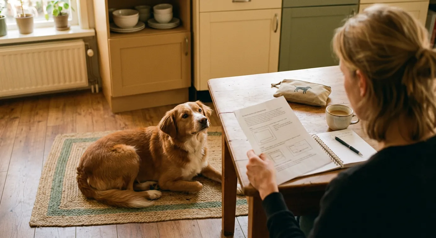 Hond ligt op een matje naast de keukentafel en kijkt op naar het baasje dat een trainingsplan op papier leest