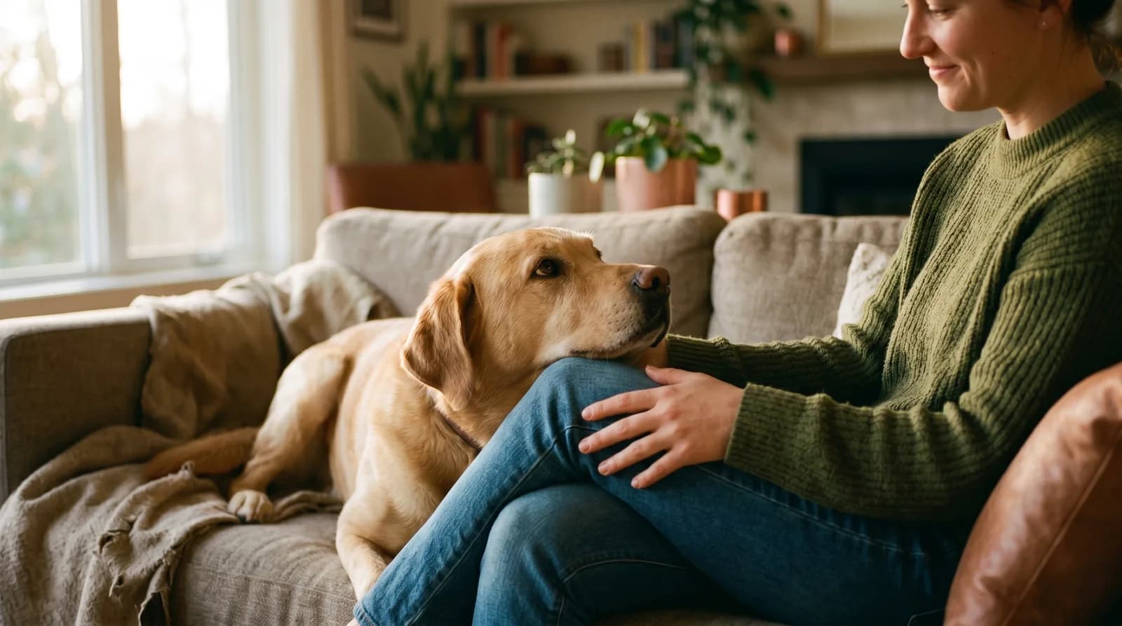 A calm dog resting close to his seated owner, her hand resting gently on his back