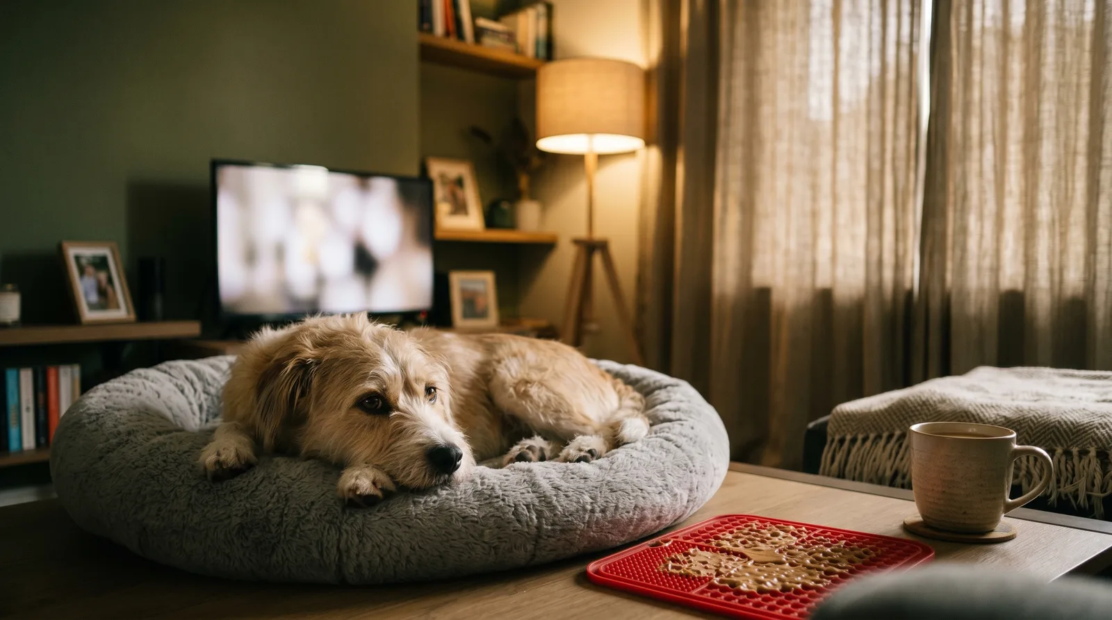 A relaxed dog on his bed beside a lick mat, curtains drawn and the TV softly on