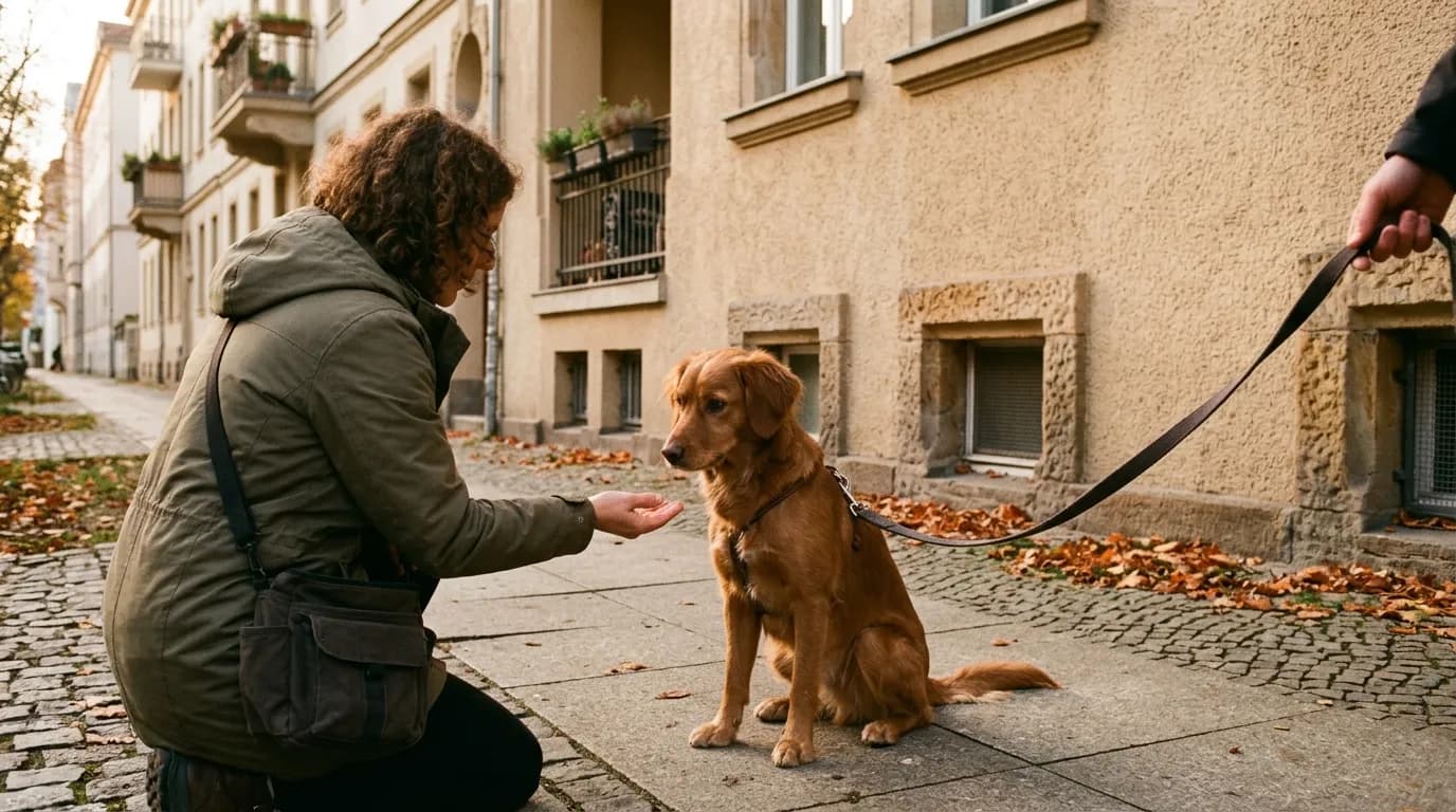 Trainerin hockt auf einem Gehweg vor einem Altbau und hält einem ruhig sitzenden, rotbraunen Hund an lockerer Leine die offene Hand hin