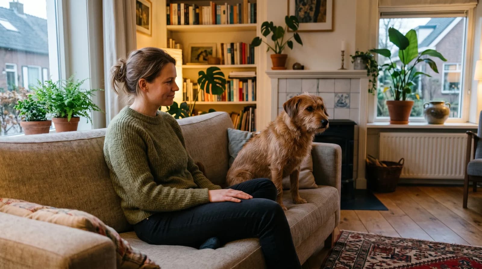 Vrouw zit rustig op de bank naast haar bange hond, geeft hem zachtjes de ruimte in een warme woonkamer