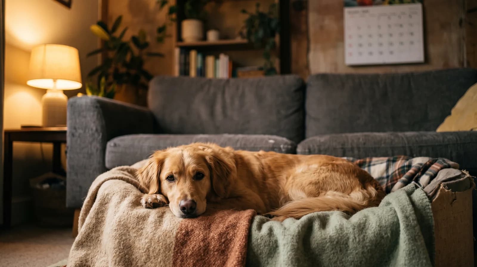Hond ligt veilig genesteld tussen dekens op de bank met een kalender aan de muur op de achtergrond