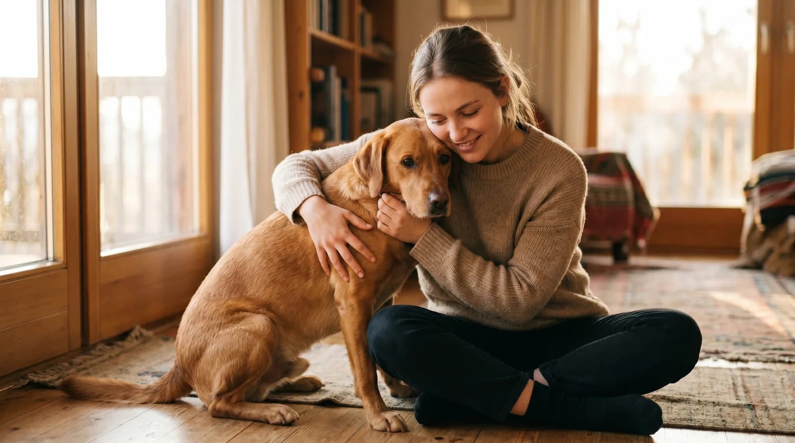 A person gently embracing their calm dog while sitting together on the floor
