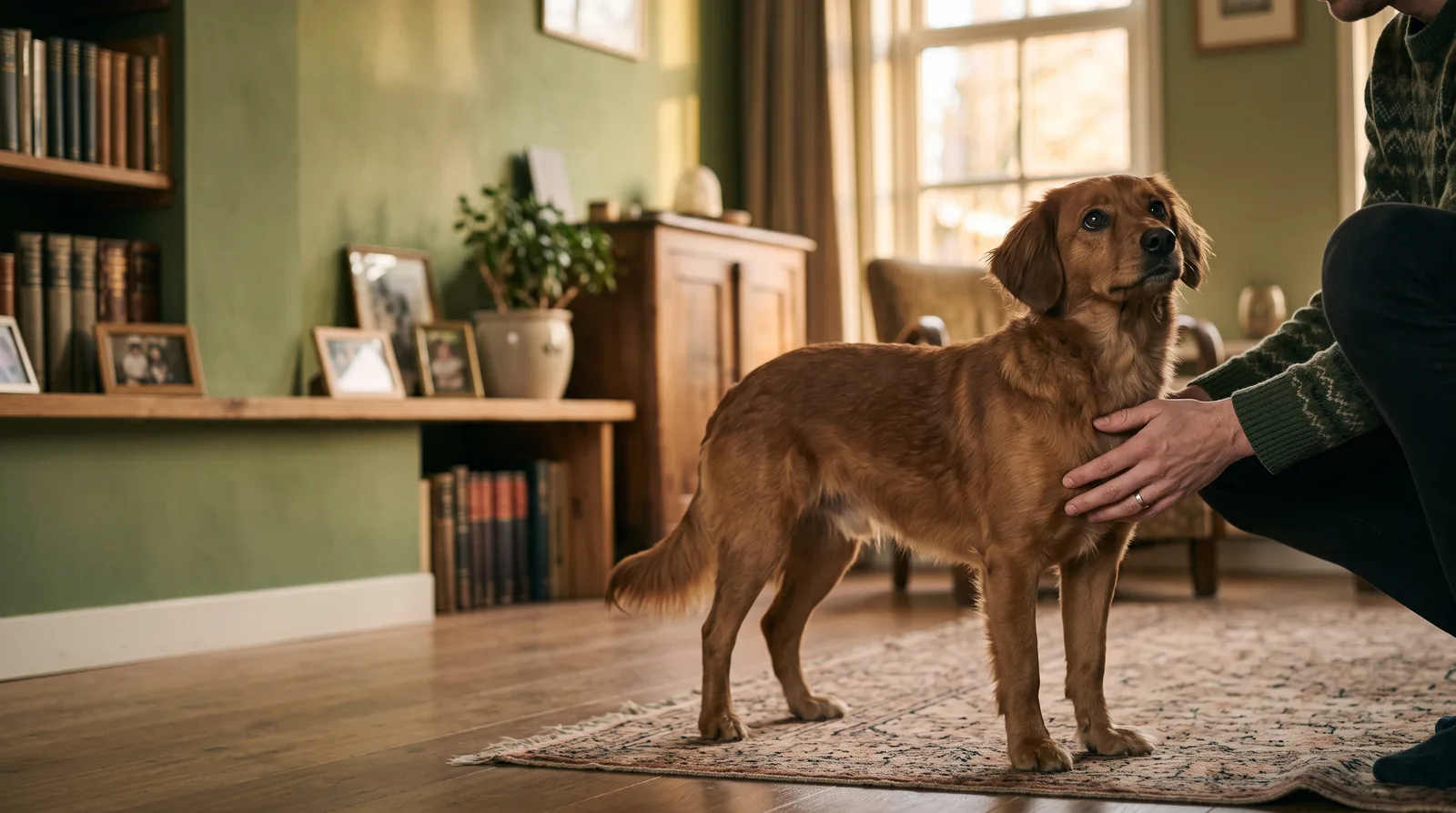 Hond staat aarzelend maar rustig op een kleed in de woonkamer terwijl zijn baasje op zijn hurken een kalme hand aanbiedt