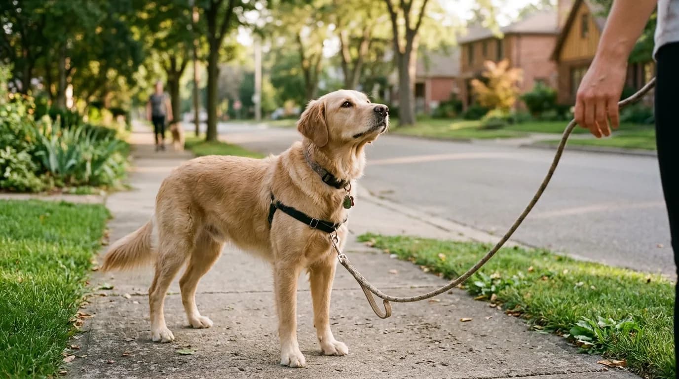A golden dog on a loose leash standing calmly on a tree-lined sidewalk and looking up at its owner, with another dog and walker far away in the background