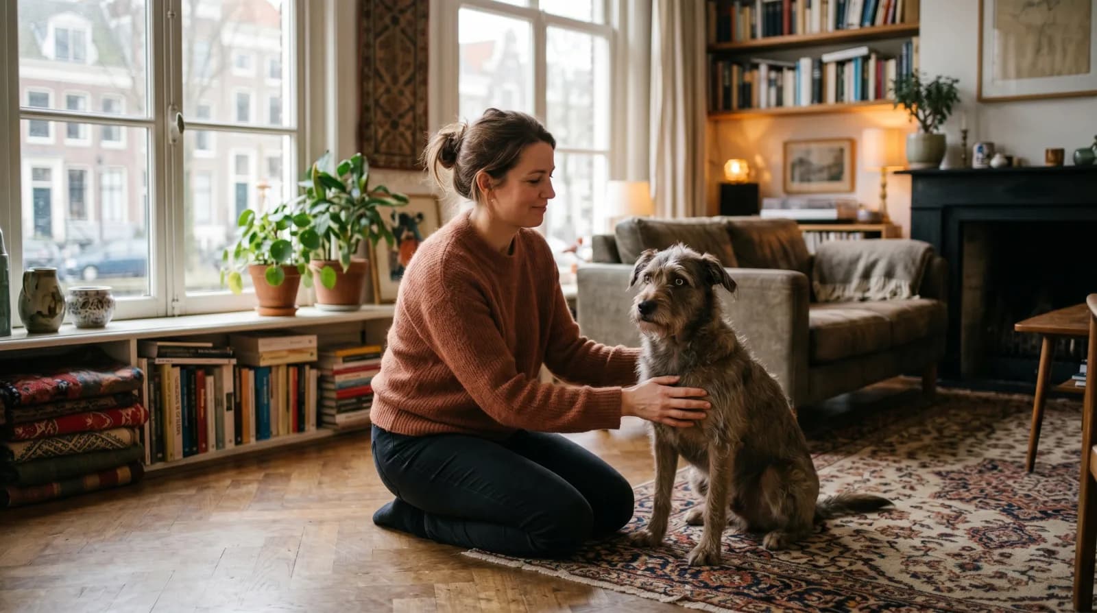 Een vrouw zit rustig op de grond naast haar onzekere hond in een Nederlandse woonkamer met zacht licht