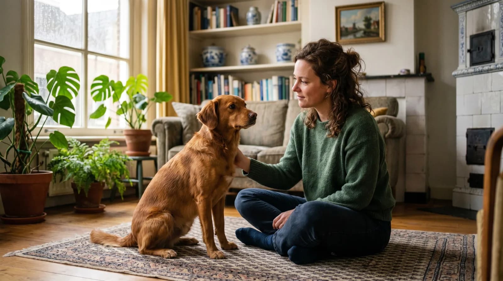 Een vrouw zit op de grond naast haar hond en kijkt hem rustig en zonder oordeel aan in zacht ochtendlicht