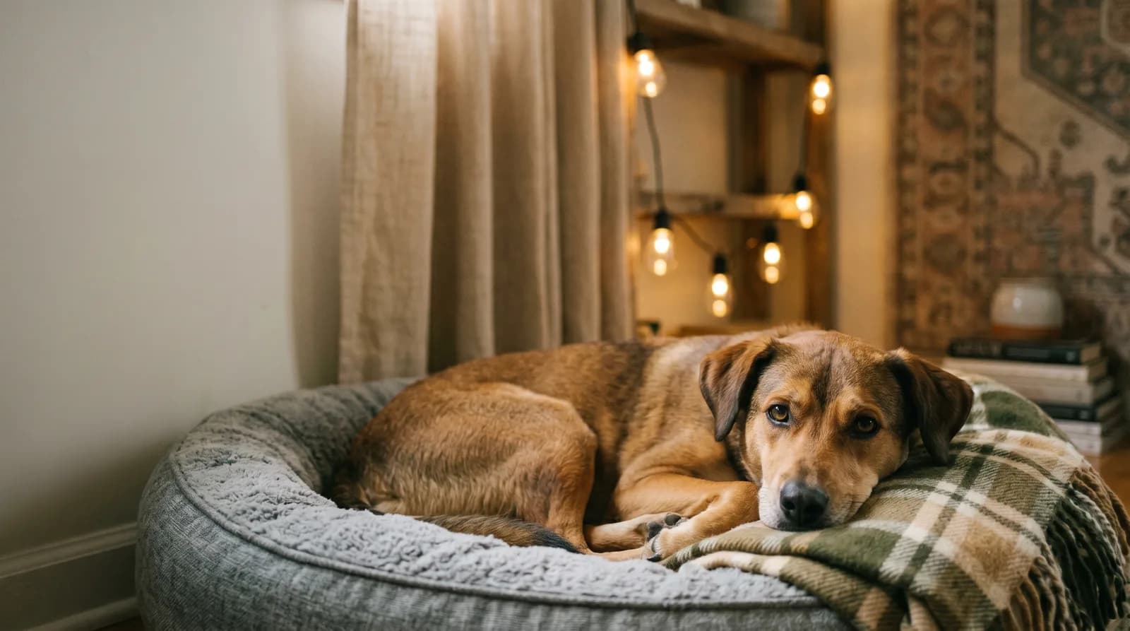 A relaxed dog resting in a cozy string-lit den on a summer evening