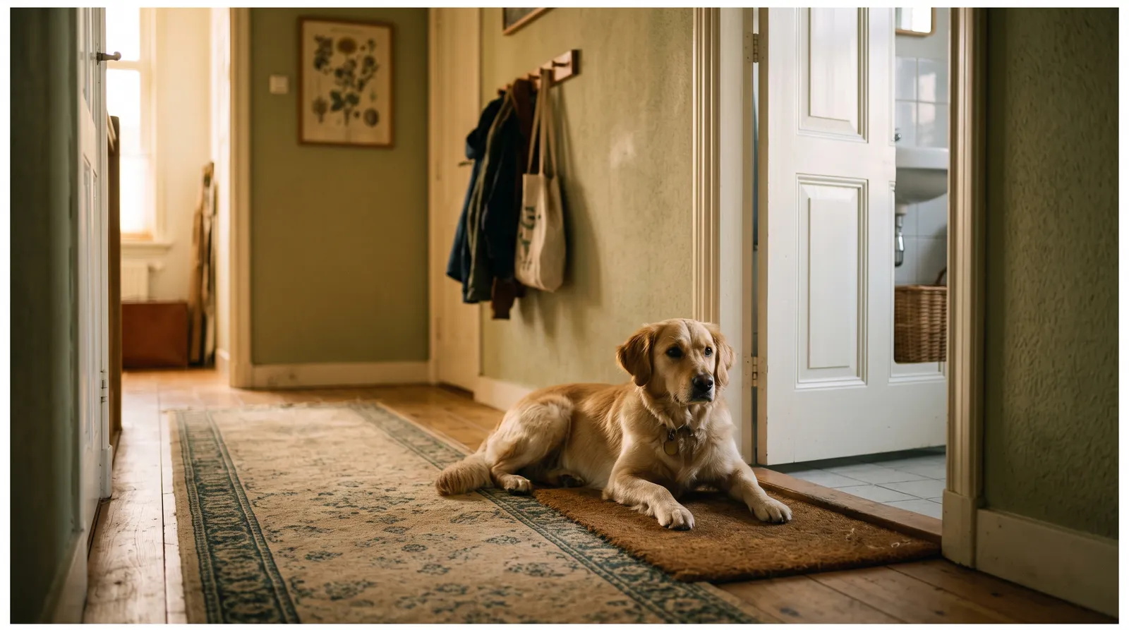 Hond ligt rustig te wachten op de gang voor een deur terwijl het baasje in een andere kamer is