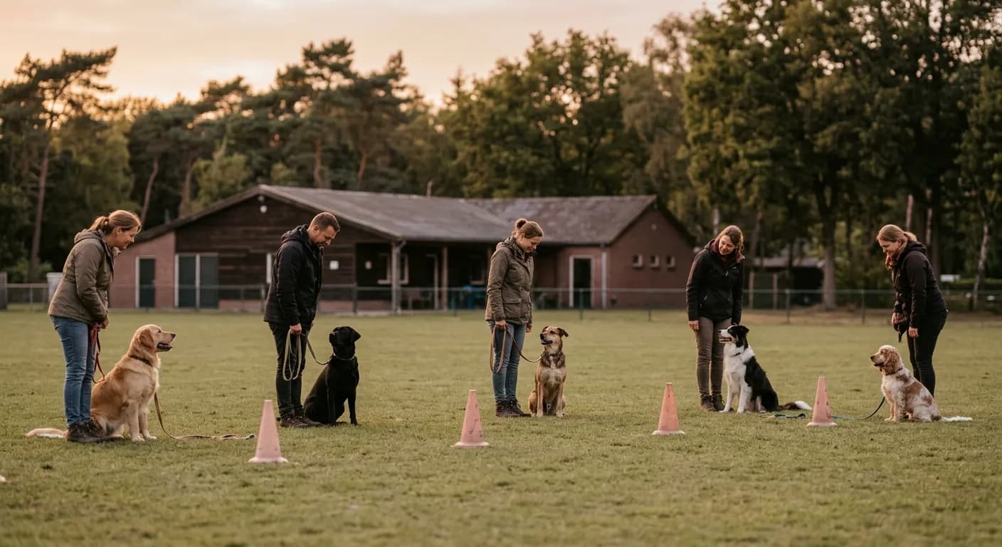 Groepsles bij een hondenschool op een grasveld, met baasjes en rustige honden op ruime afstand tussen oranje pionnen