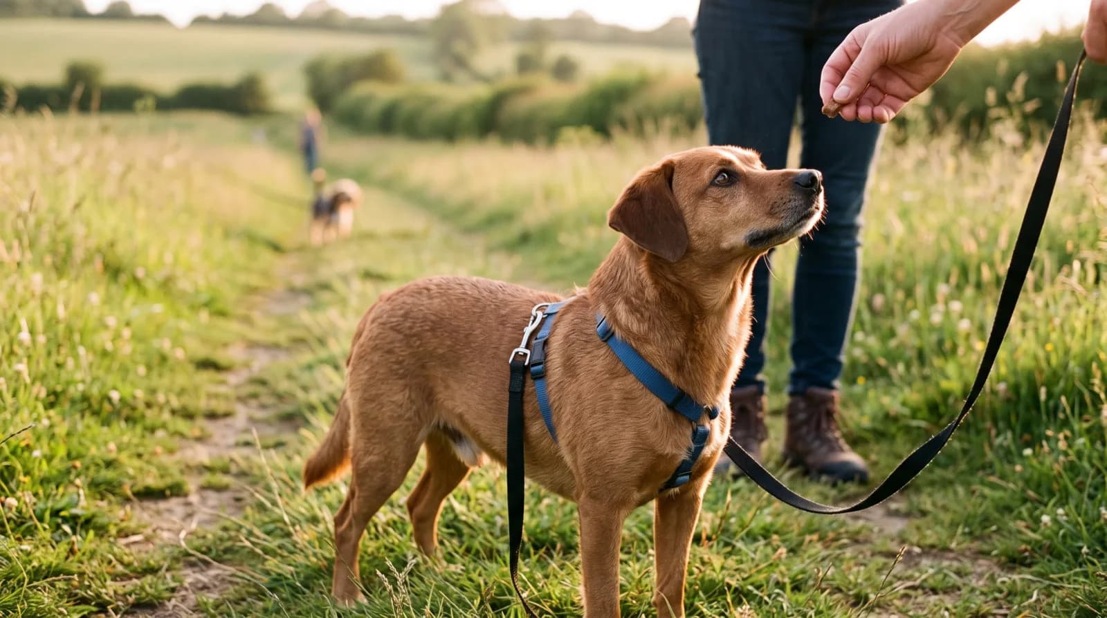 Reactieve hond aan losse lijn kijkt rustig omhoog naar zijn baasje terwijl een andere hond ver weg loopt