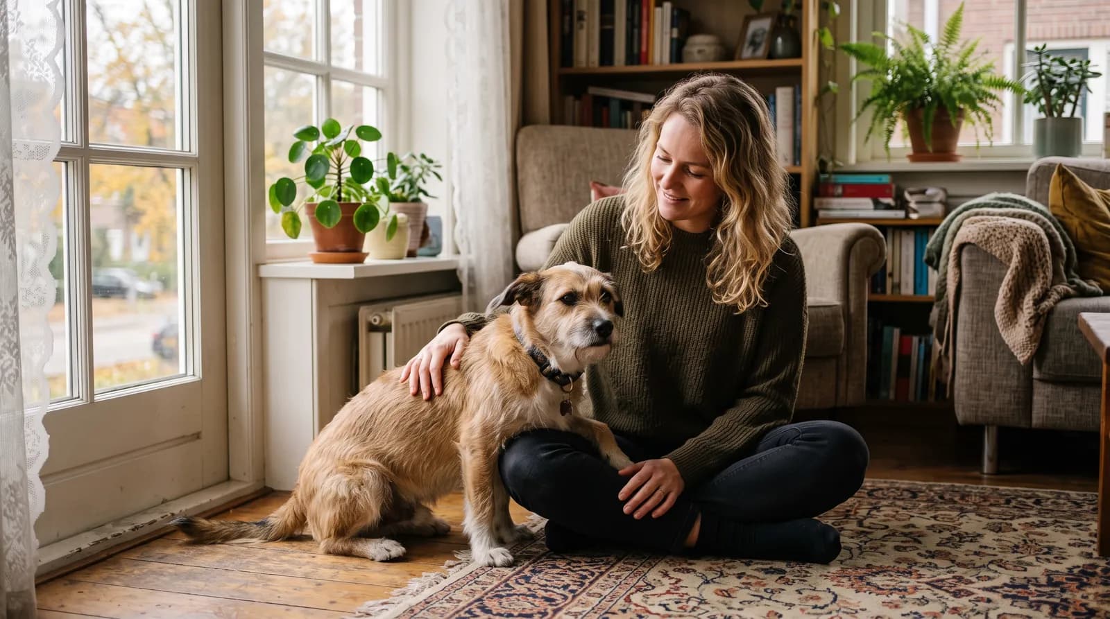 Baasje zit rustig op de grond met haar hand op de rug van haar hond, die tegen haar aan leunt in een lichte woonkamer