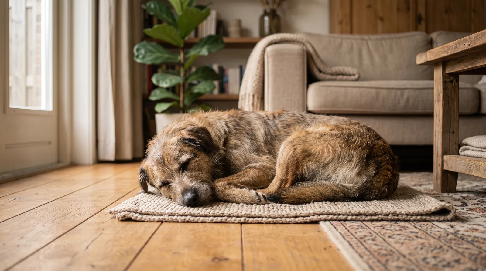 Hond ligt roerloos opgekruld op een matje op de houten vloer van een rustige woonkamer