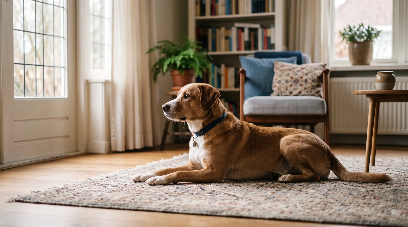 Een ontspannen hond ligt rustig op een kleed in een lichte Nederlandse woonkamer, op afstand van het raam