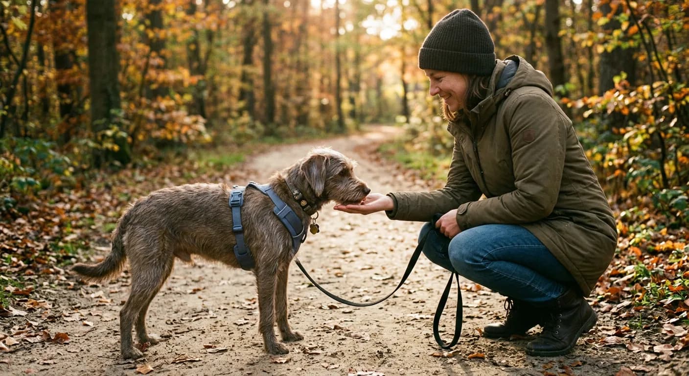 Baasje zit gehurkt op een bospad en beloont haar hond in een zacht tuig met een snoepje uit de open hand