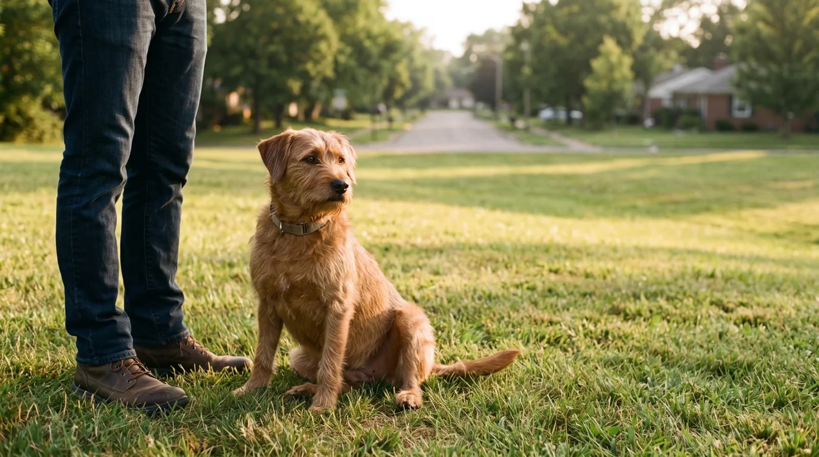 Hond zit ontspannen naast zijn baasje op ruime afstand van een rustige straat, duidelijk onder zijn drempel