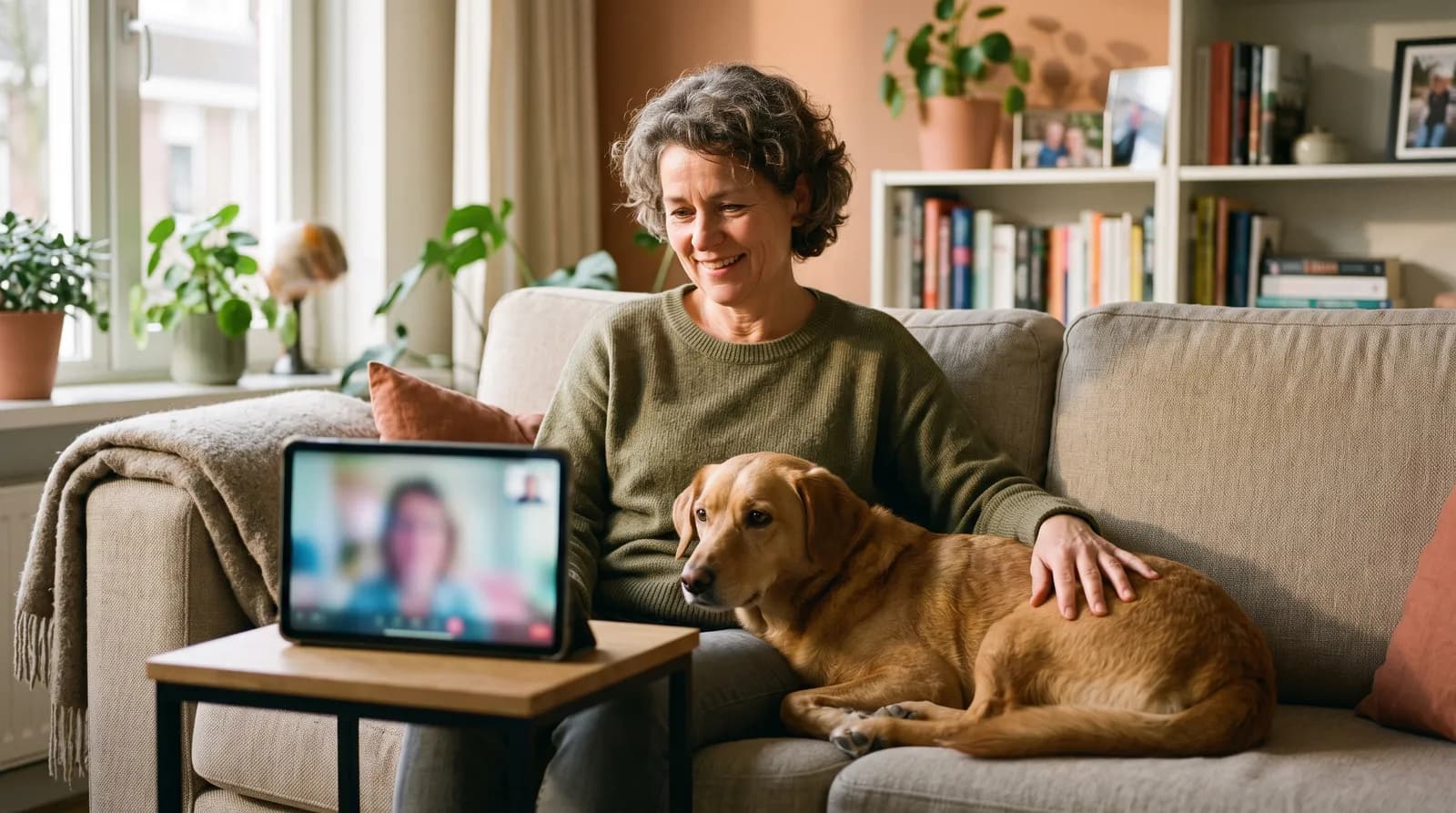 Halterin sitzt mit ihrem Hund auf dem Sofa und liest ihren Plan auf dem Handy