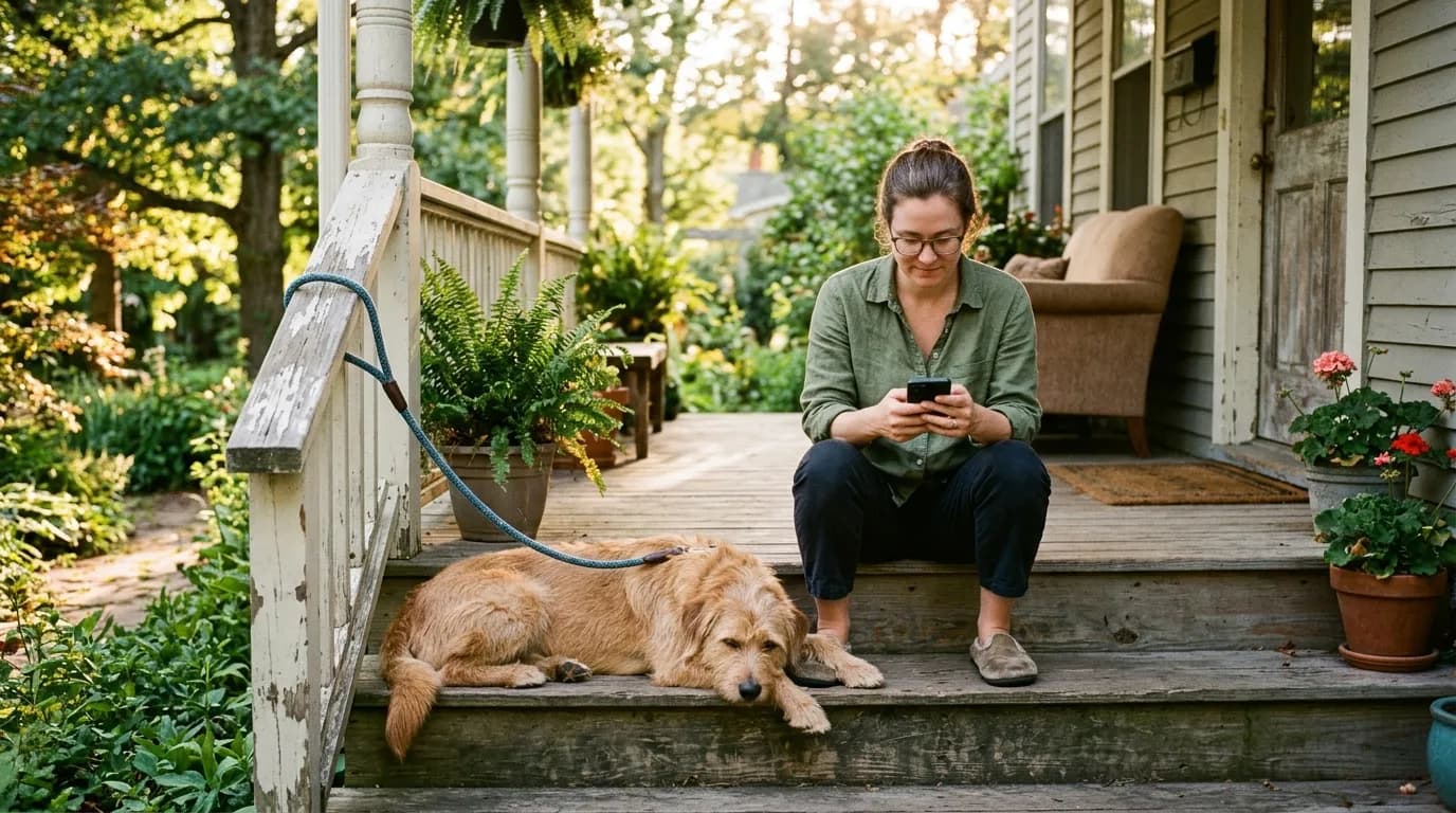 An owner reading notes on a phone on the porch steps, a relaxed dog lying beside her